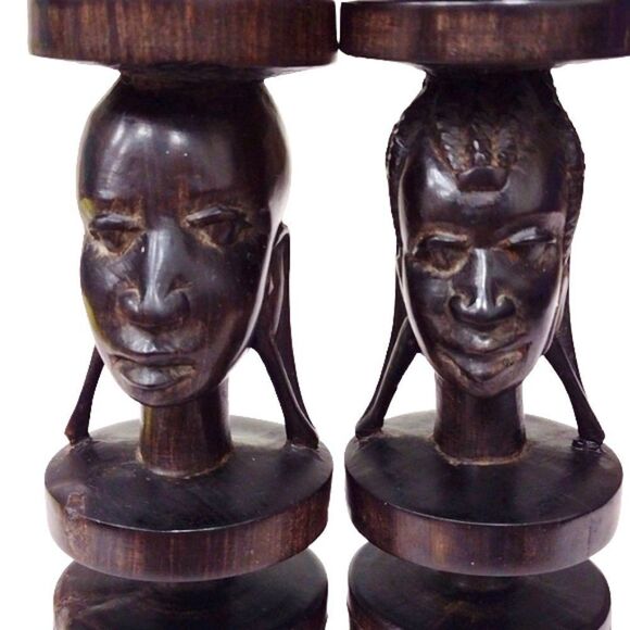 Artisan Handcrafted African Tribal Ironwood Male Female Bust Candlestick Holders - Picture 7 of 10